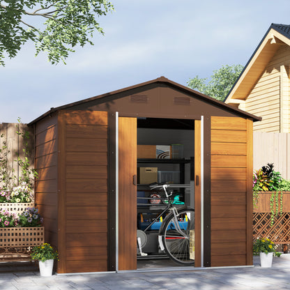 Outsunny 8 x 6ft Garden Storage Shed with Sliding Door - Brown Wood Effect