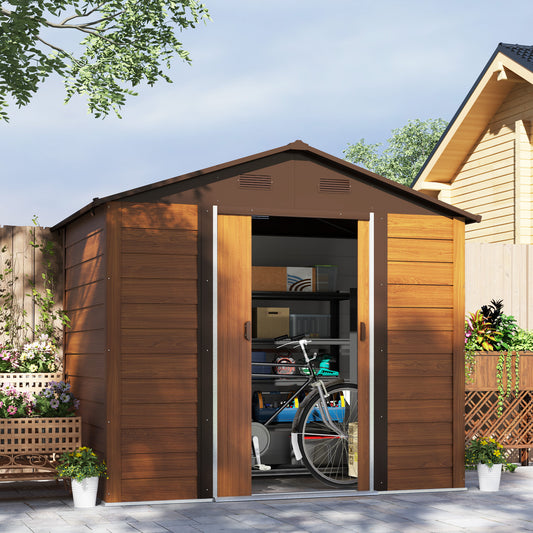 Outsunny 8 x 6ft Garden Storage Shed with Sliding Door - Brown Wood Effect