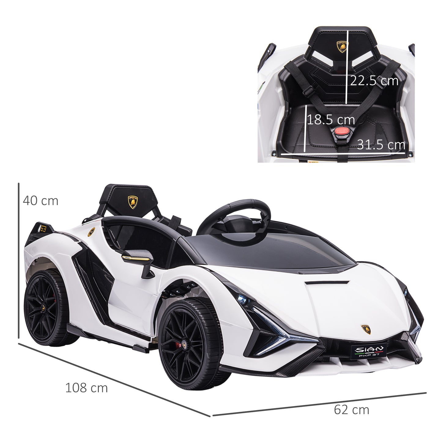 HOMCOM Compatible 12V Battery-powered Kids Electric Ride On Car Lamborghini SIAN Toy with Parental Remote Control Lights MP3 for 3-5 Years Old White