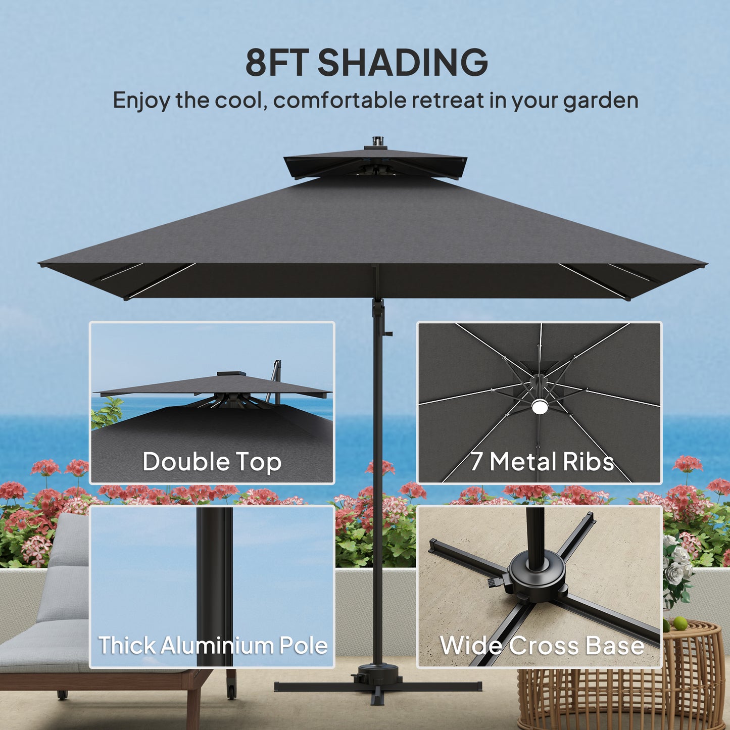Outsunny 2.5m Cantilever Parasol with Solar Powered LED Lights, 360° Rotation, Tilt Adjustment, Crank Handle, Dark Grey