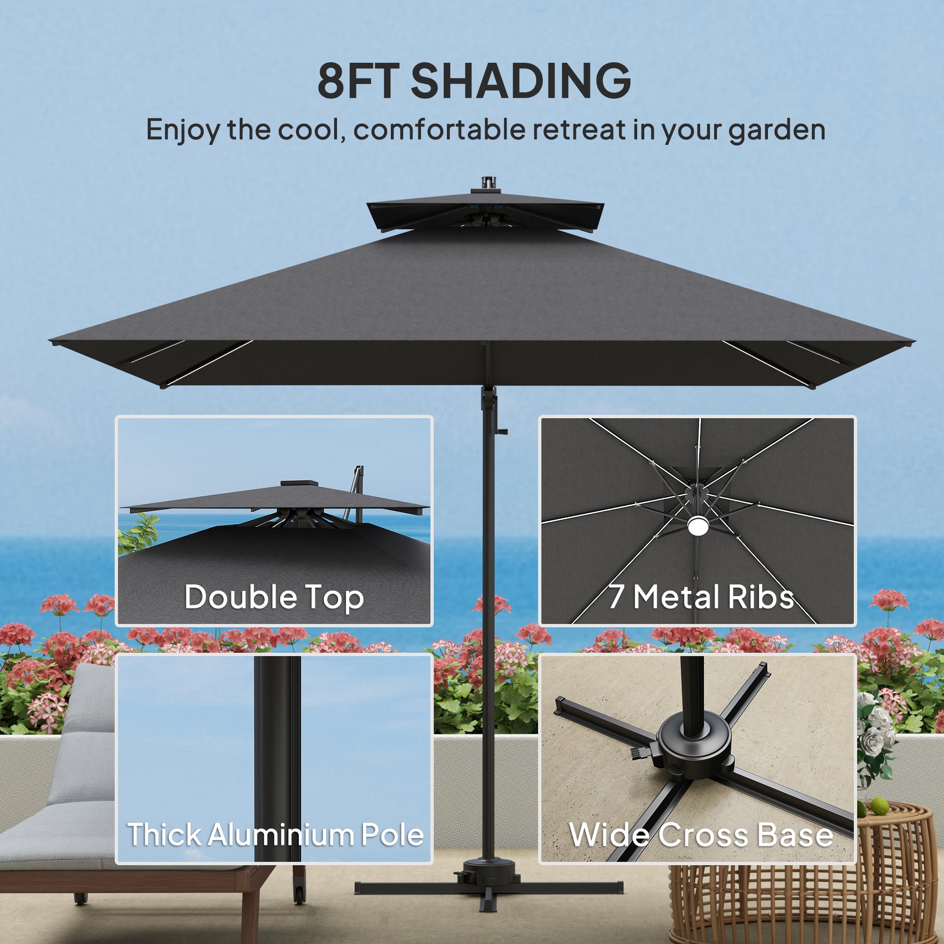 Outsunny 2.5m Cantilever Parasol with Solar Powered LED Lights, 360° Rotation, Tilt Adjustment, Crank Handle, Dark Grey