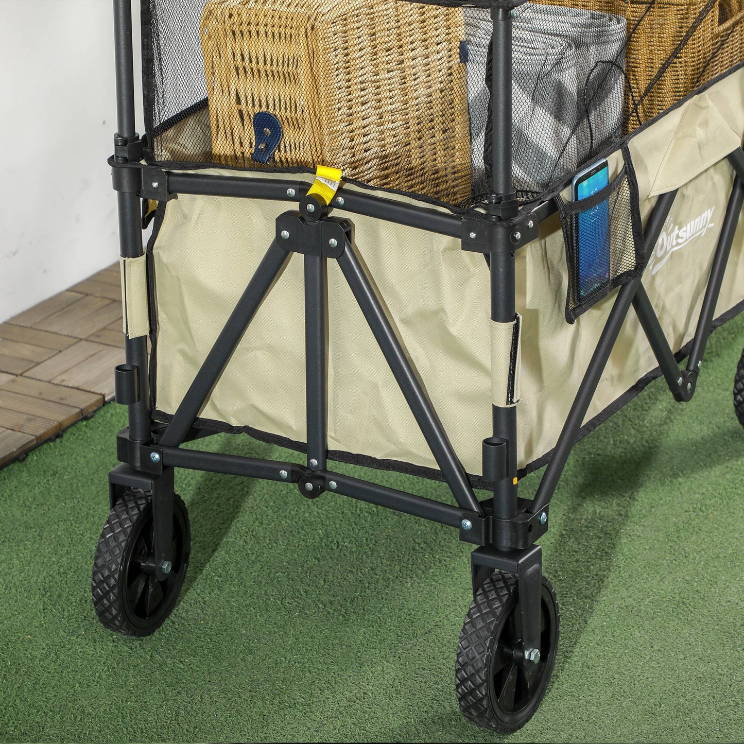 Outsunny Folding Garden Trolley, 180L Wagon Cart with Extendable Side Walls, for Beach, Camping, Festival, Green