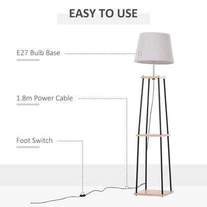 HOMCOM Metal Tripod Floor Lamp w/ 3-Tier Shelves Foot Switch Modern Stylish E27 Lampshade Base  Functional Duo Design