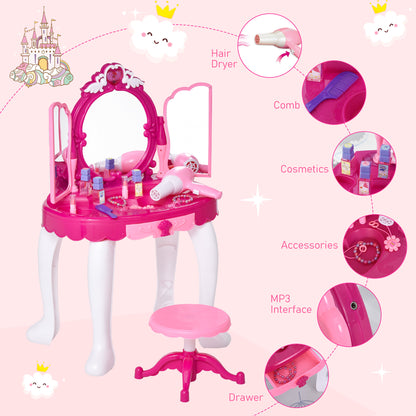 HOMCOM Kids Pretend Play Plastic Vanity Table Set w/ Sound Effect Pink