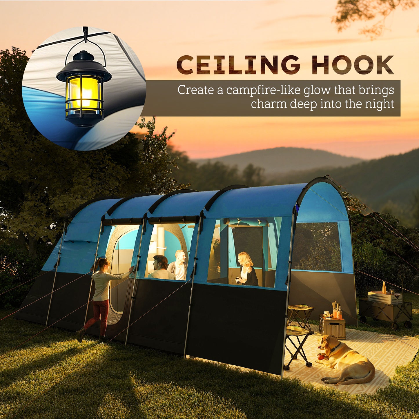 Outsunny 8-Person Camping Tent, Waterproof Family Tent, Tunnel Design, 4 Large Windows, Sleeping Cabins 3000mm Water Column Blue