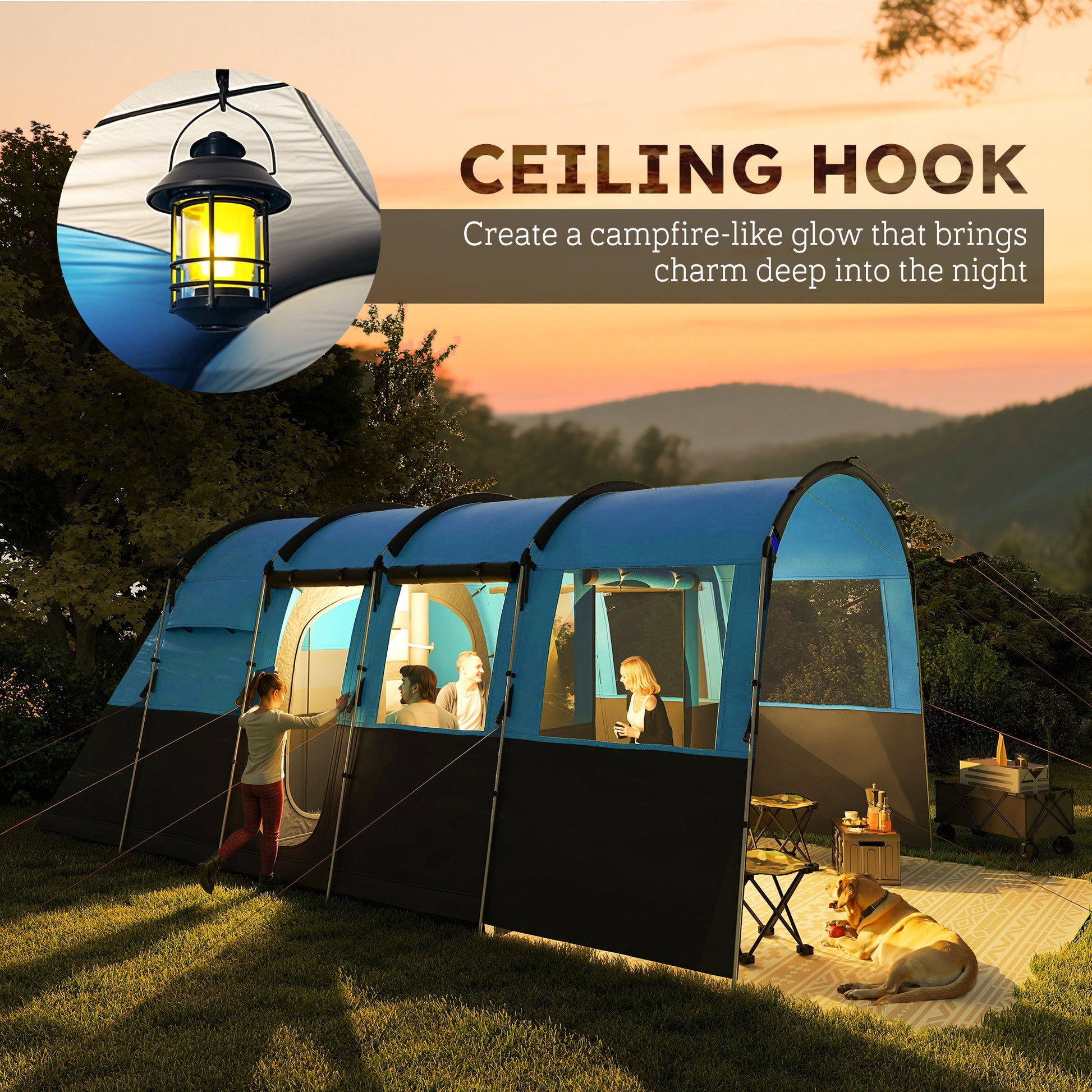 Outsunny 8-Person Camping Tent, Waterproof Family Tent, Tunnel Design, 4 Large Windows, Sleeping Cabins 3000mm Water Column Blue