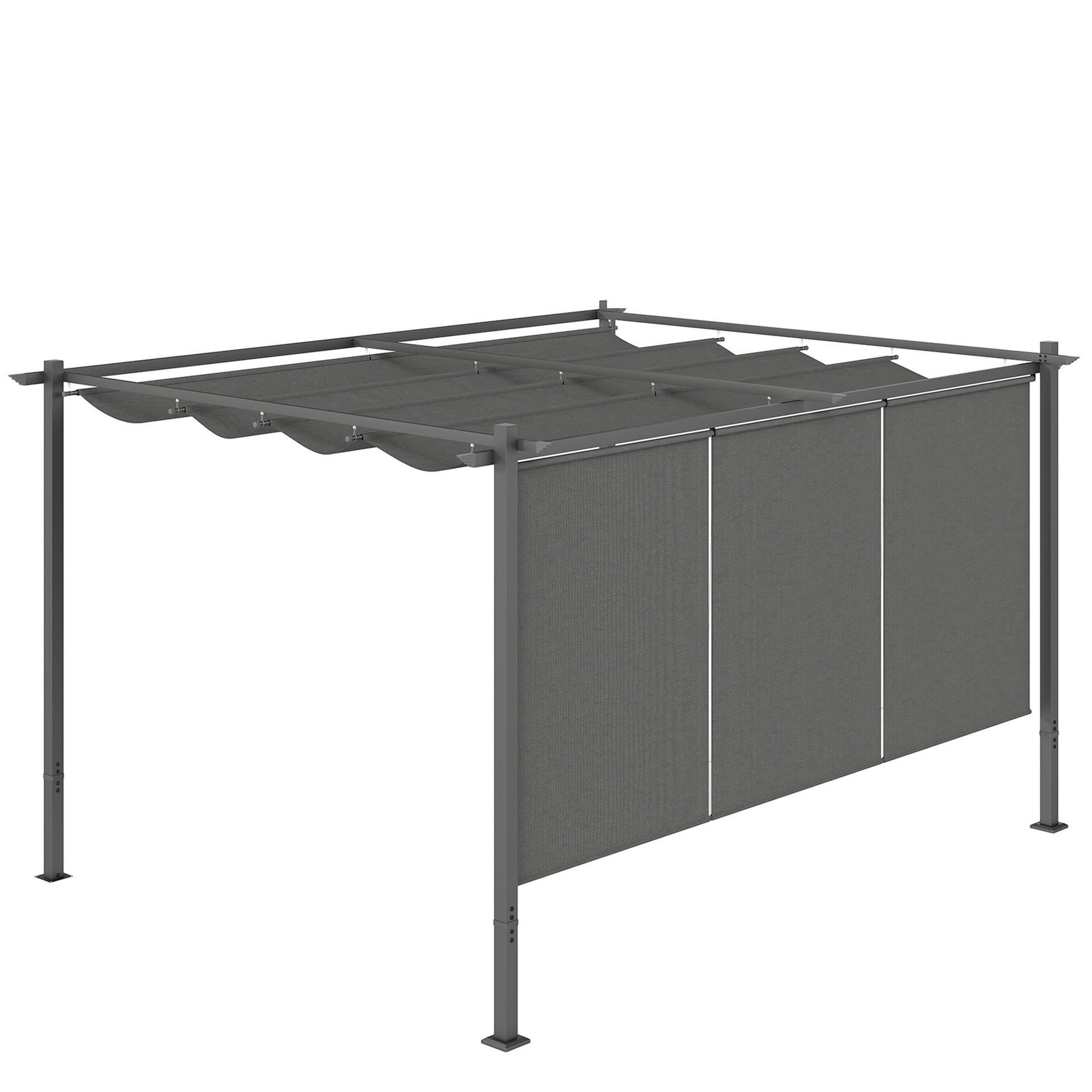 Outsunny 3 x 4m Metal Pergola with Retractable Roof and Roller Shade, Wall-Mounted or Free Standing Garden Gazebo Canopy Pergola Kit, UPF30+ Outdoor Sun Shade Shelter, Grey