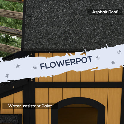 PawHut Wooden Cat House with Flower Pot, Windows, Multiple Entrances, Water-Resistant Roof for Outdoor - Yellow