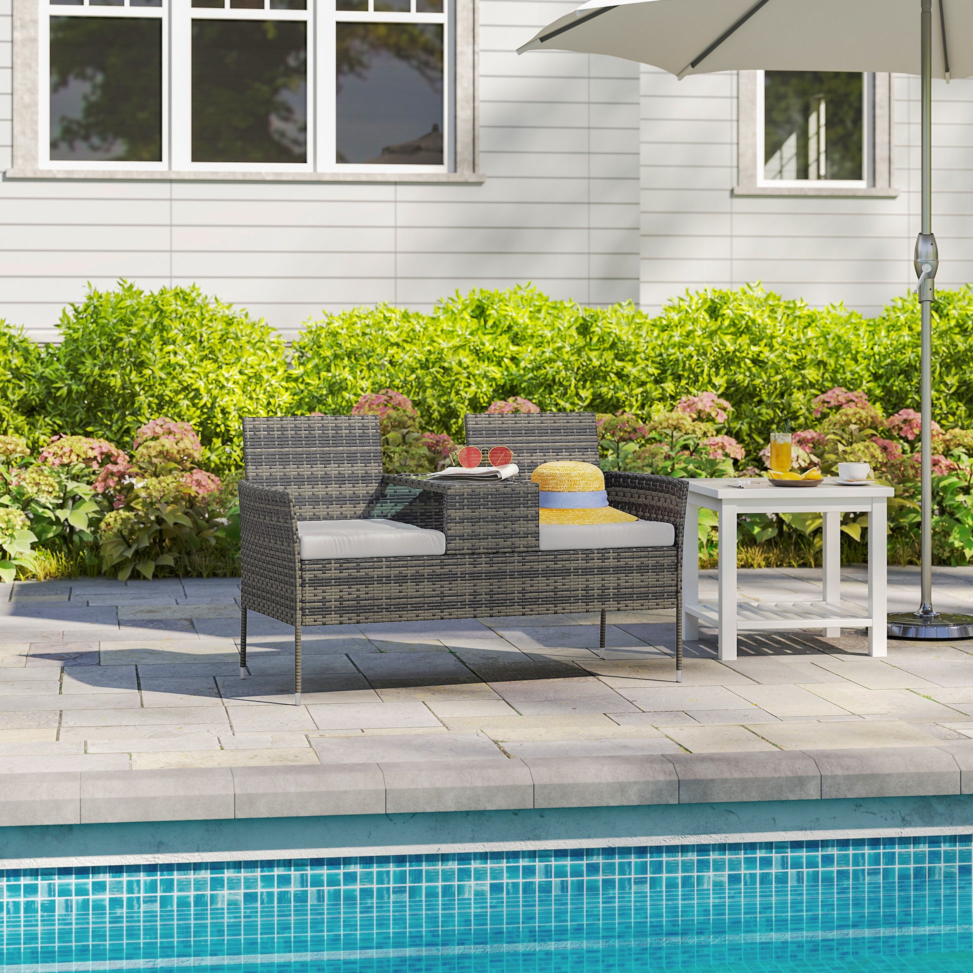 Outsunny Two-Seat Rattan Chair, with Middle Table - Charcoal Grey