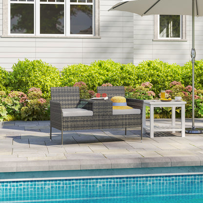Outsunny Two-Seat Rattan Chair, with Middle Table - Charcoal Grey