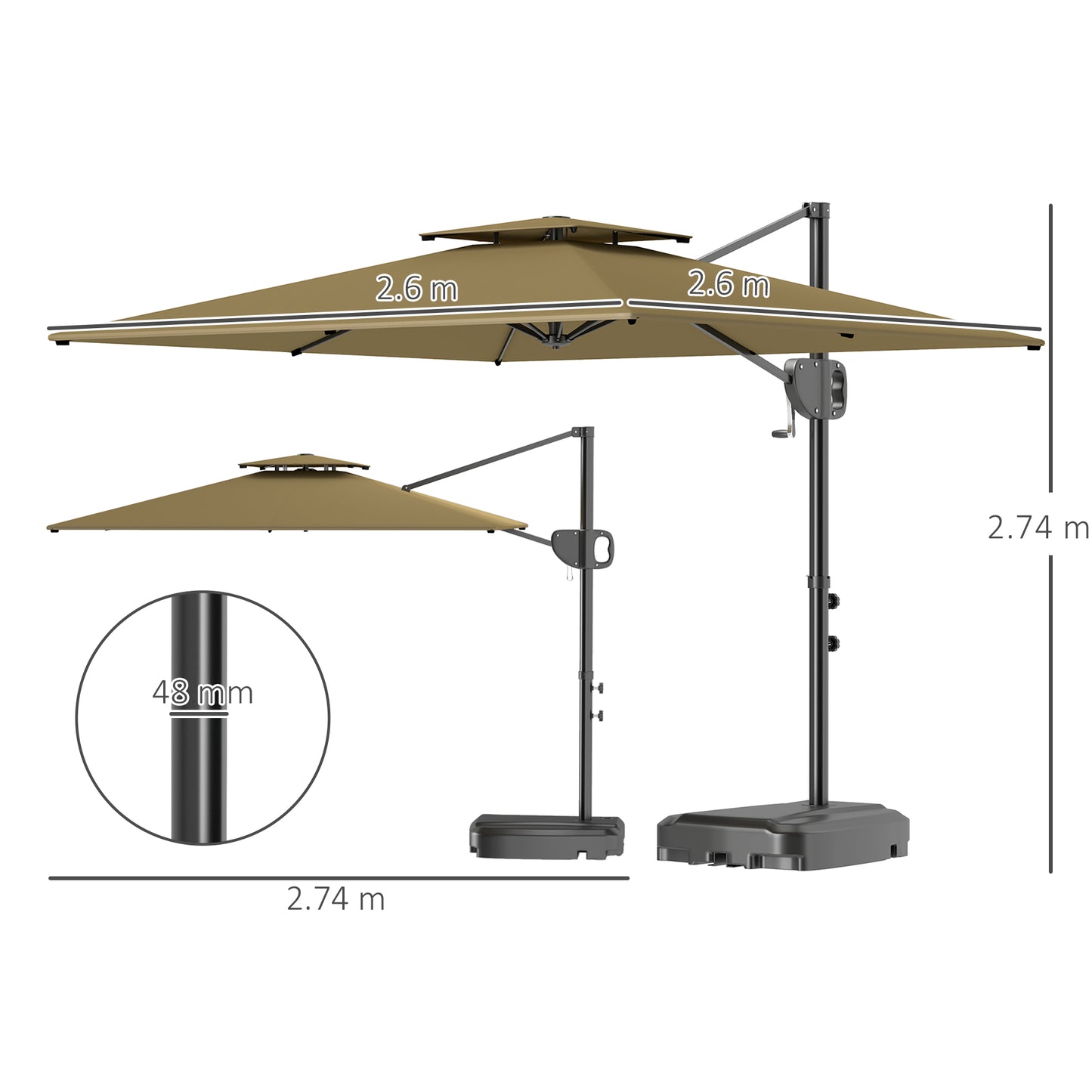 Outsunny Cantilever Parasol with Weighted Base Double Top Garden Parasol Square Hanging Patio Umbrella with Crank Tilt Khaki