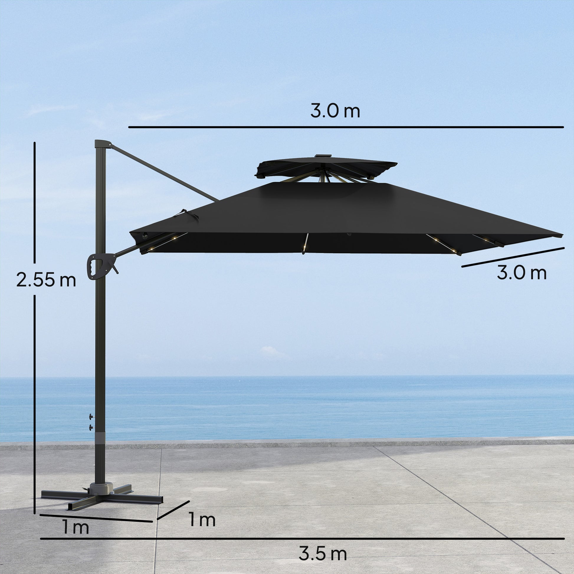 Outsunny 3.5x3 m Garden Cantilever Parasol with Solar LED Lights and Centre Light, UPF50+ Aluminium Patio Umbrella with 360° Rotation and Tilt, Hanging Sun Shade with Cross Base, Crank Handle, Black