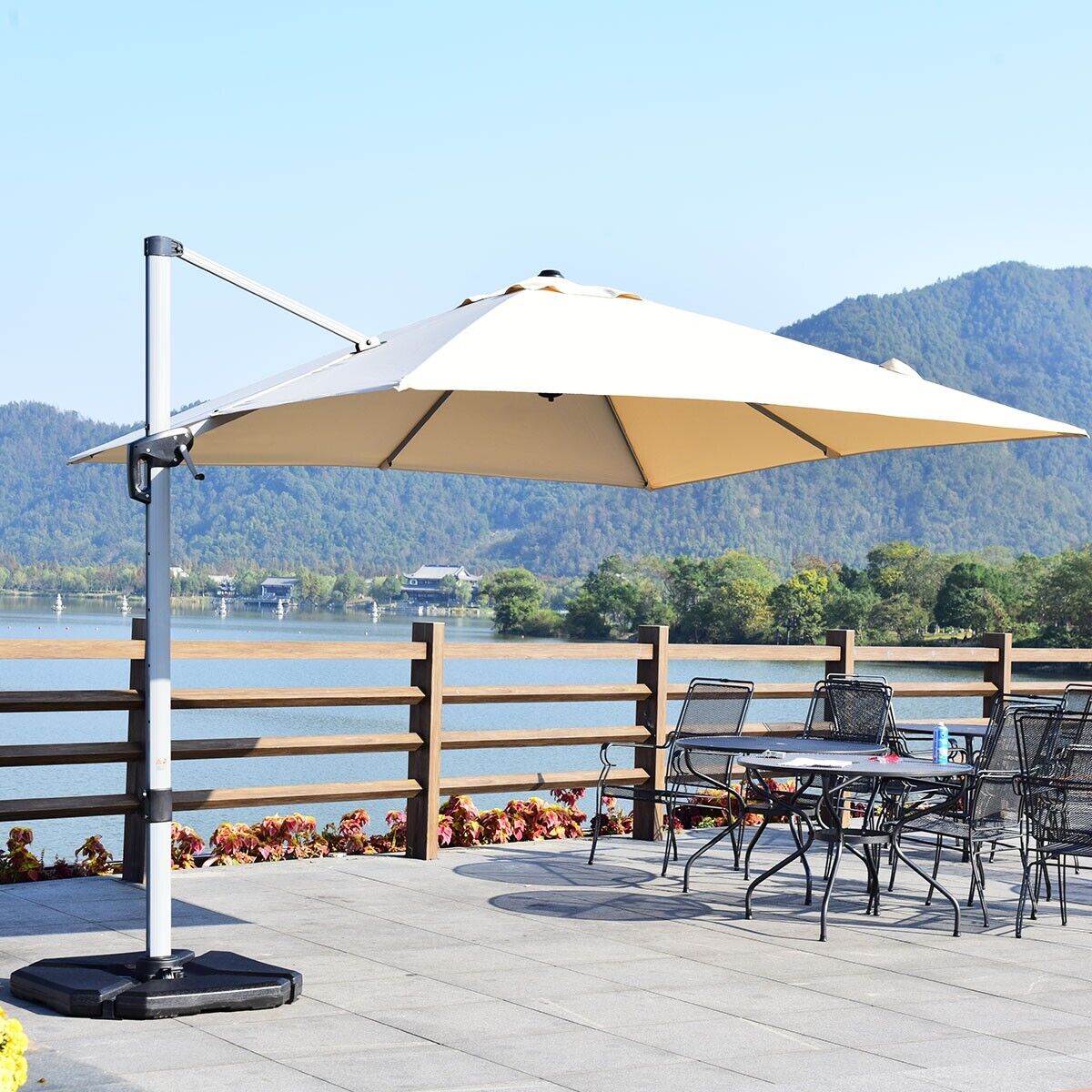 3m Cantilever Garden Parasol with Tilted Design and 360° Rotation-Beige