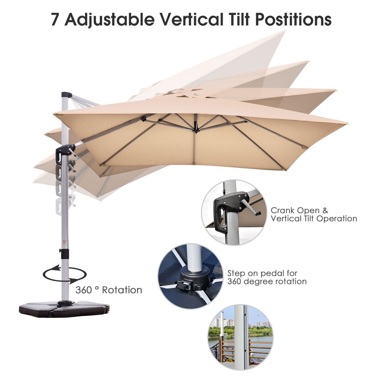 3m Cantilever Garden Parasol with Tilted Design and 360° Rotation-Beige