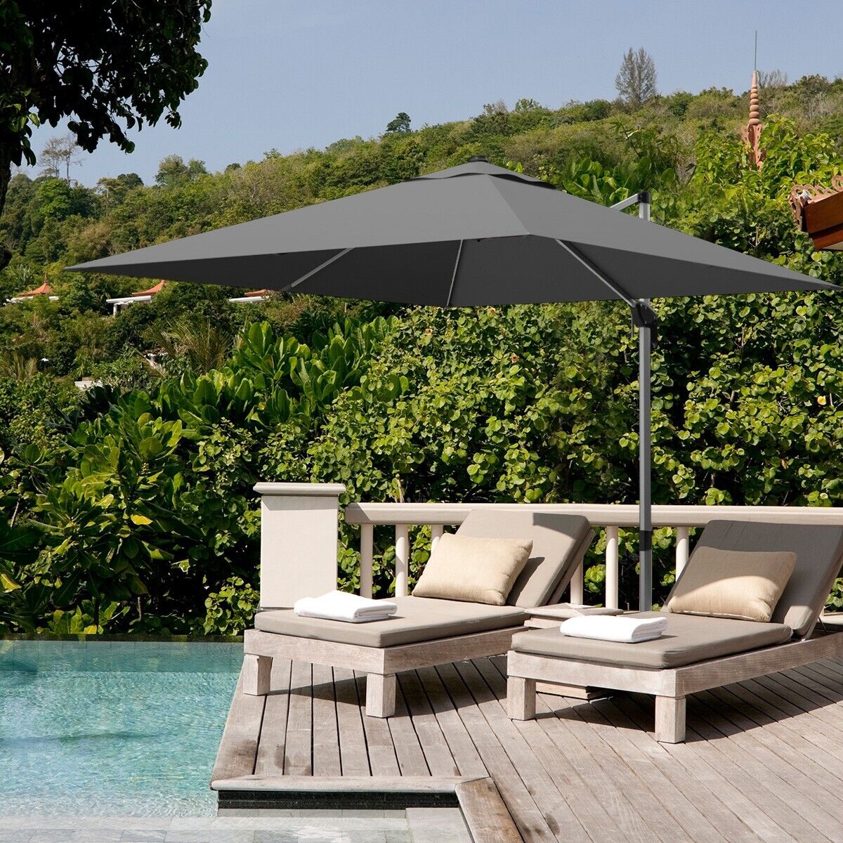 3m Cantilever Garden Parasol with Tilted Design and 360° Rotation-Grey