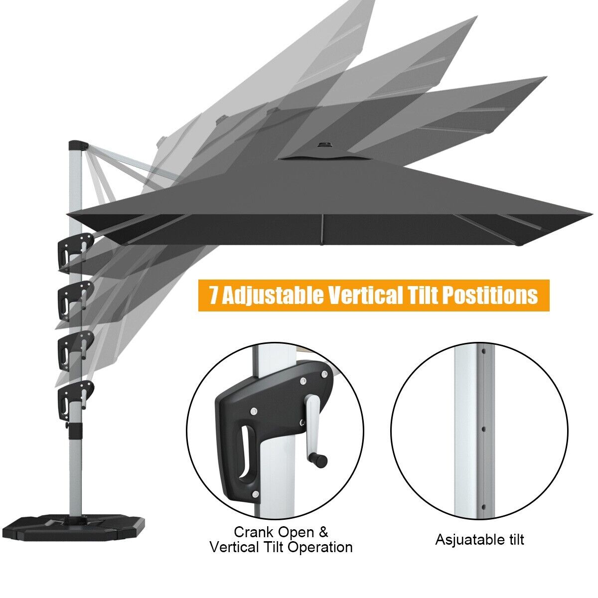 3m Cantilever Garden Parasol with Tilted Design and 360° Rotation-Grey