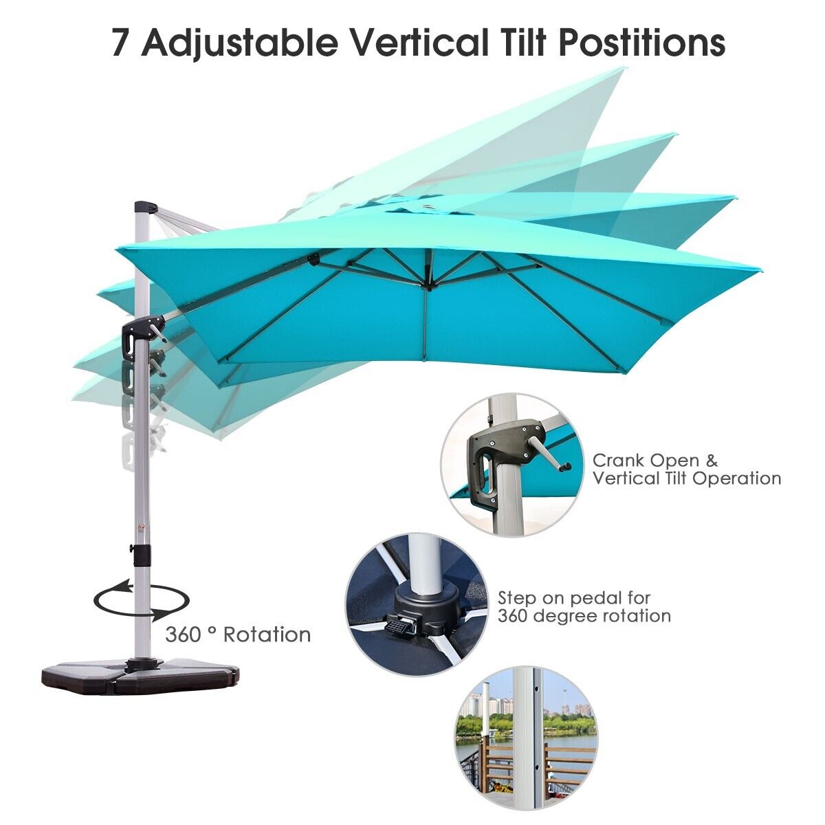 3m Cantilever Garden Parasol with Tilted Design and 360° Rotation-Turquoise