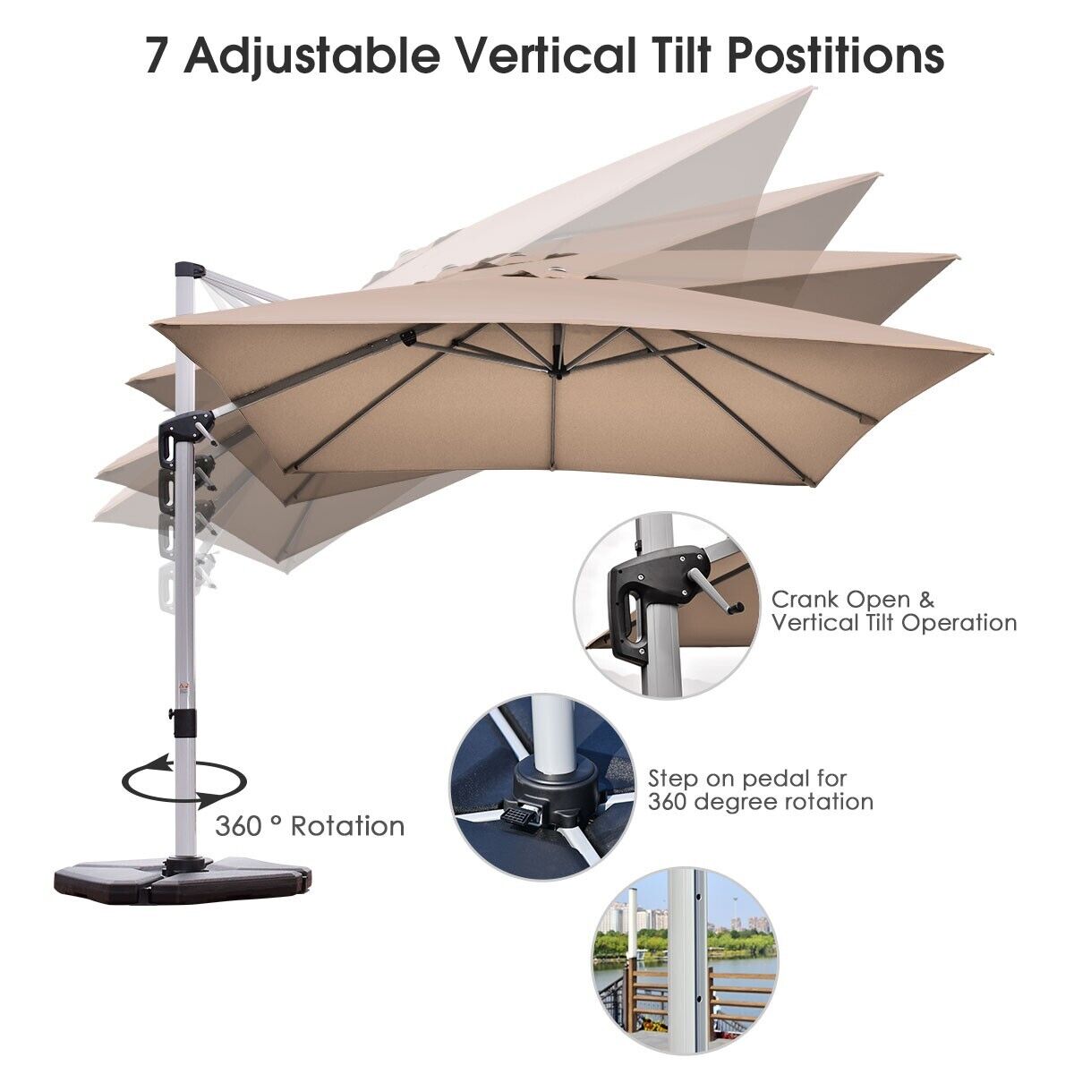 3m Cantilever Garden Parasol with Tilted Design and 360° Rotation-Tan