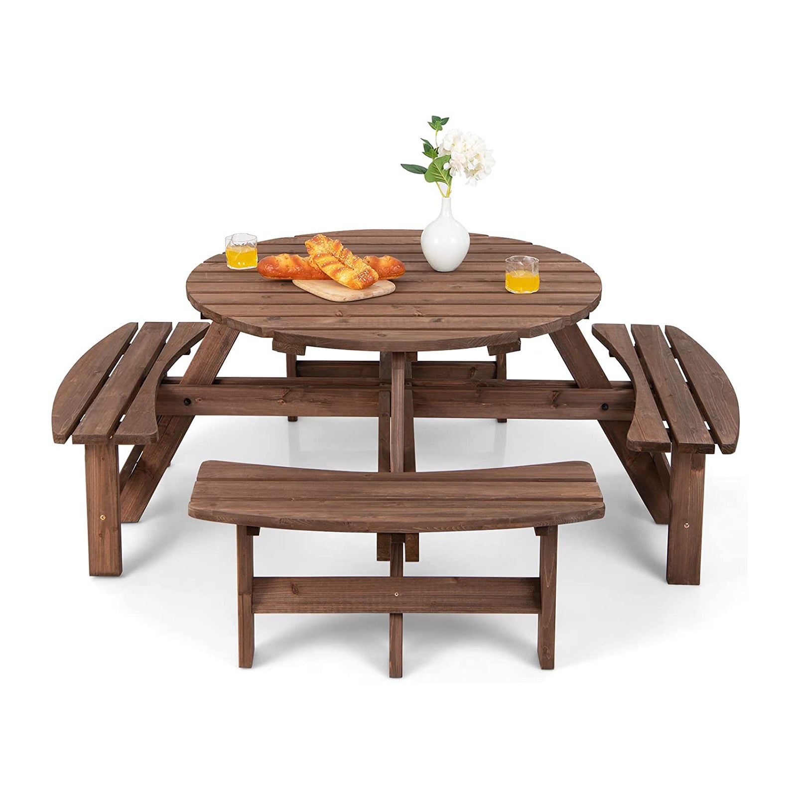 8-Person Outdoor Wooden Picnic Table Set with Umbrella Hole