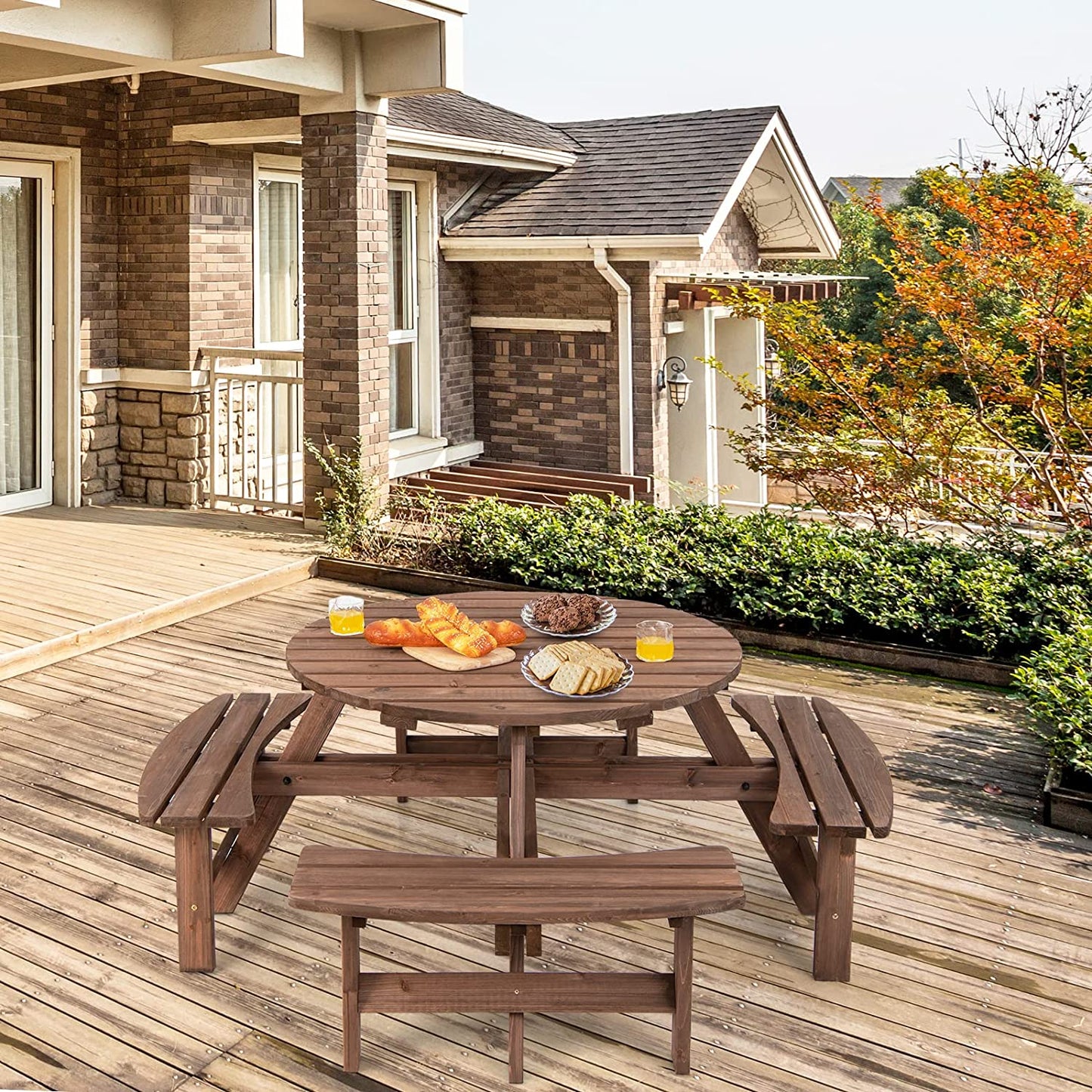 8-Person Outdoor Wooden Picnic Table Set with Umbrella Hole