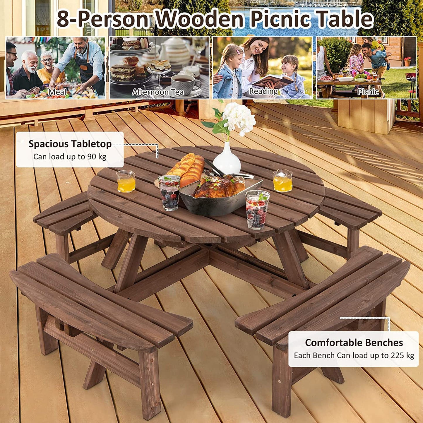 8-Person Outdoor Wooden Picnic Table Set with Umbrella Hole