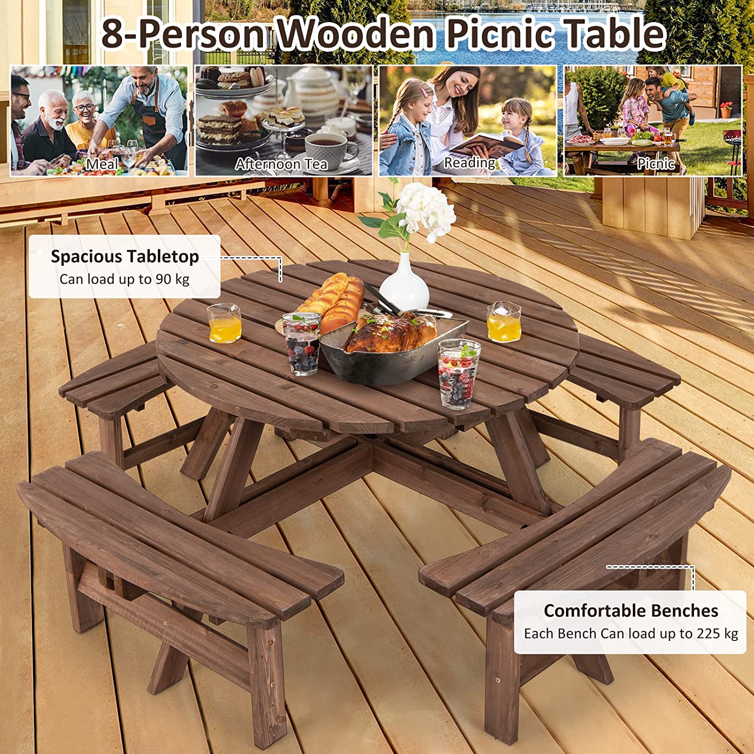 8-Person Outdoor Wooden Picnic Table Set with Umbrella Hole