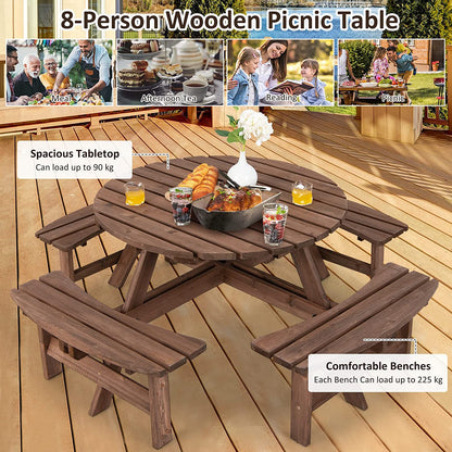 8-Person Outdoor Wooden Picnic Table Set with Umbrella Hole