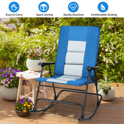 Foldable Padded Rocking Chair with High Back and Armrest for Patio-Blue