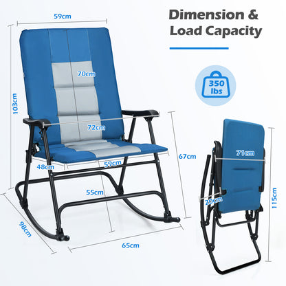 Foldable Padded Rocking Chair with High Back and Armrest for Patio-Blue