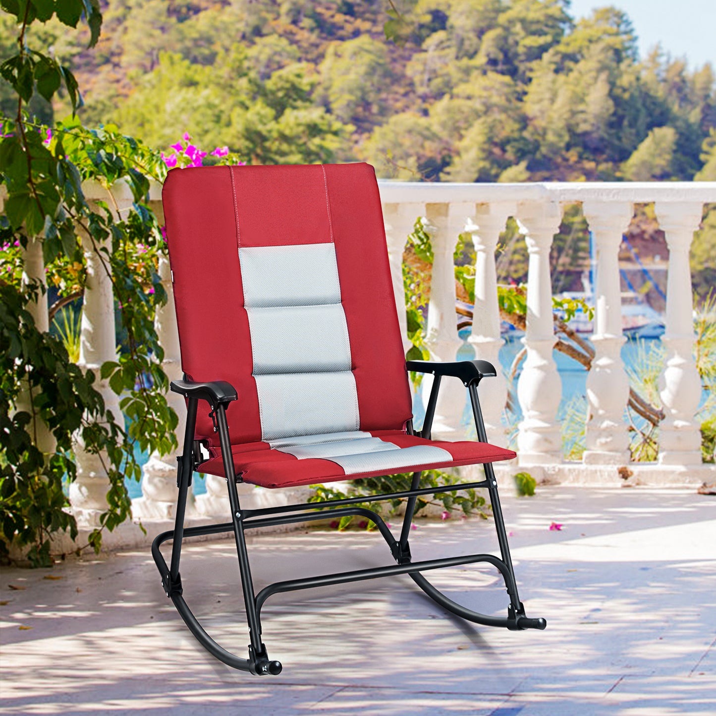 Foldable Padded Rocking Chair with High Back and Armrest for Patio-Red