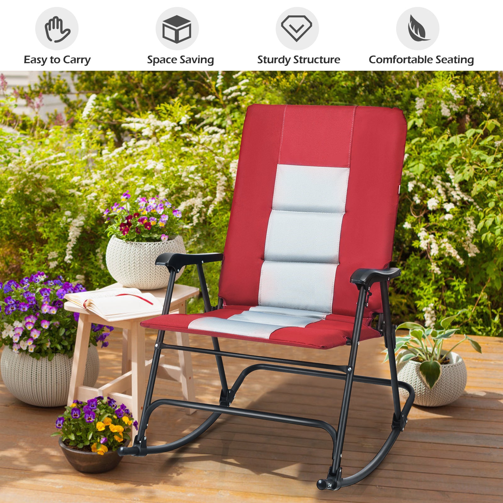 Foldable Padded Rocking Chair with High Back and Armrest for Patio-Red