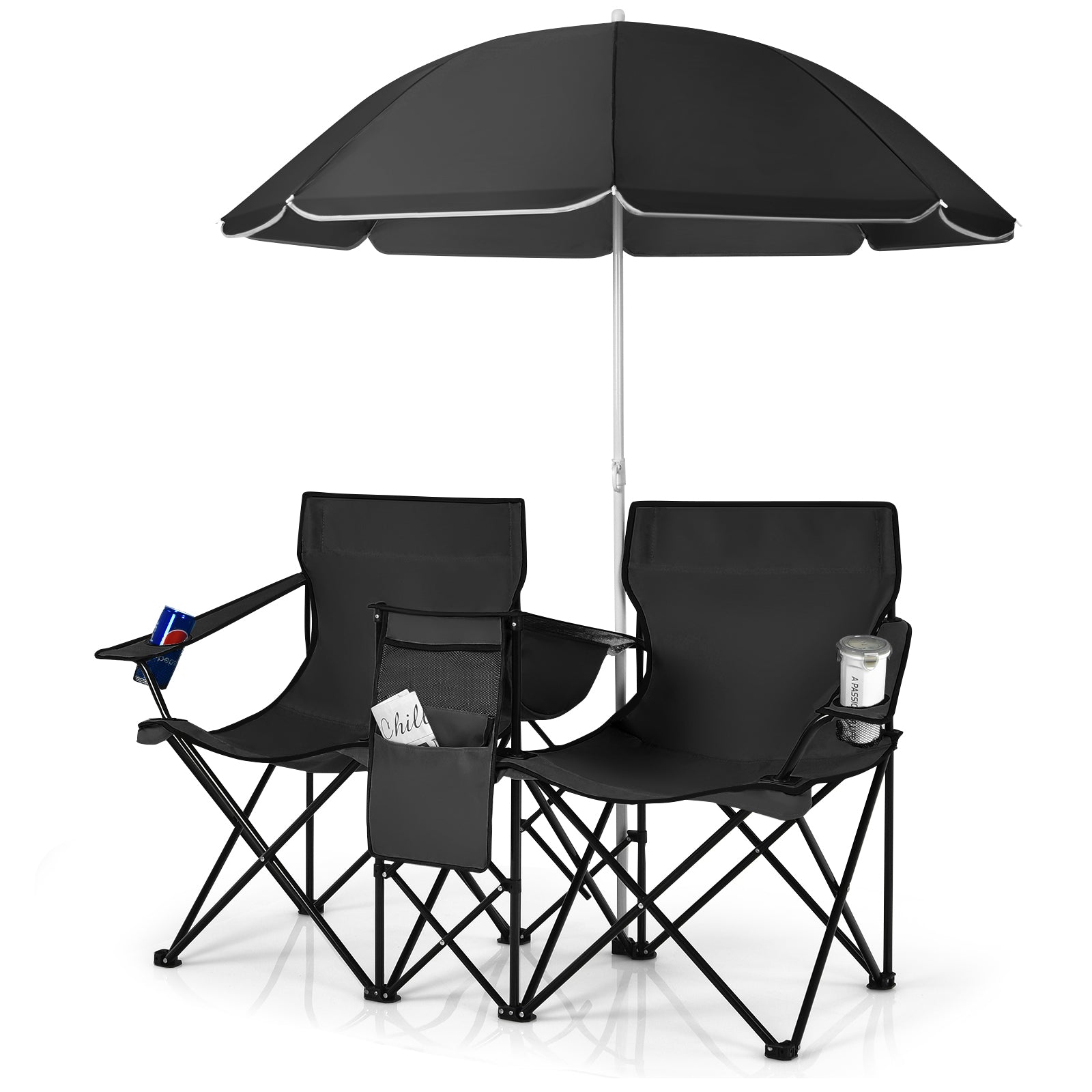 Portable Double Camping Chair with Umbrella and Ice Bag-Black