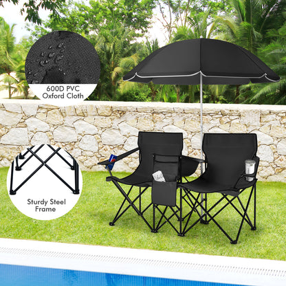 Portable Double Camping Chair with Umbrella and Ice Bag-Black