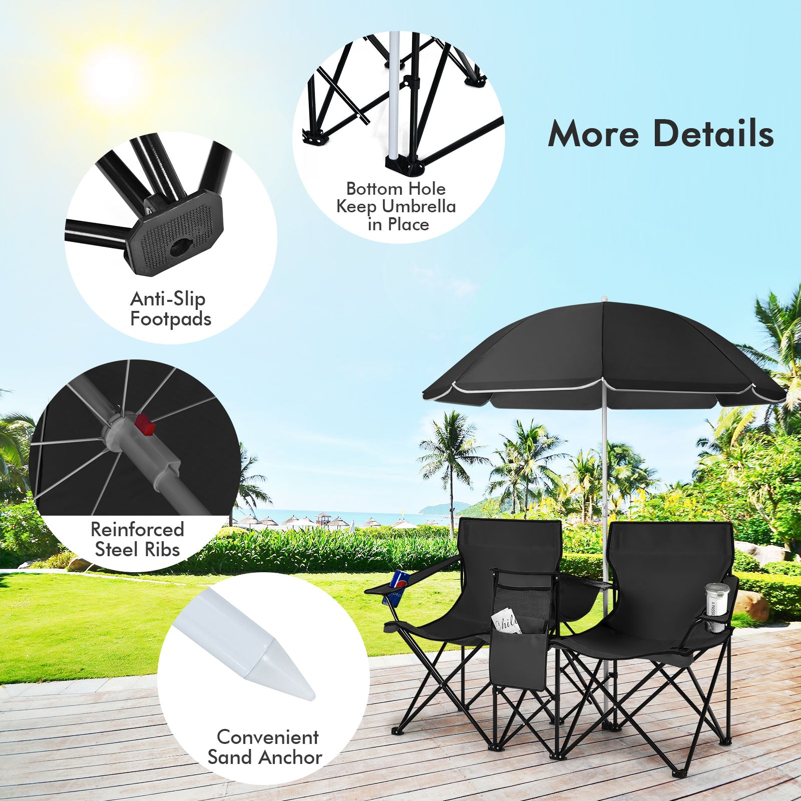 Portable Double Camping Chair with Umbrella and Ice Bag-Black