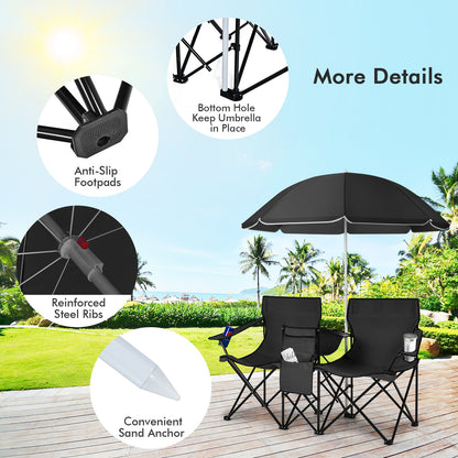 Portable Double Camping Chair with Umbrella and Ice Bag-Black