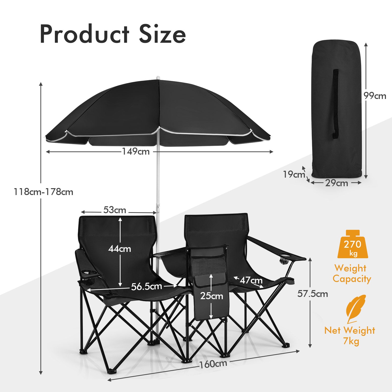 Portable Double Camping Chair with Umbrella and Ice Bag-Black