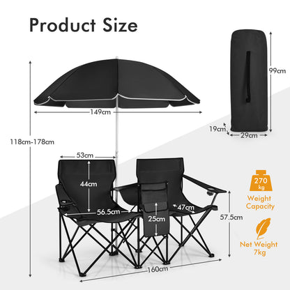 Portable Double Camping Chair with Umbrella and Ice Bag-Black