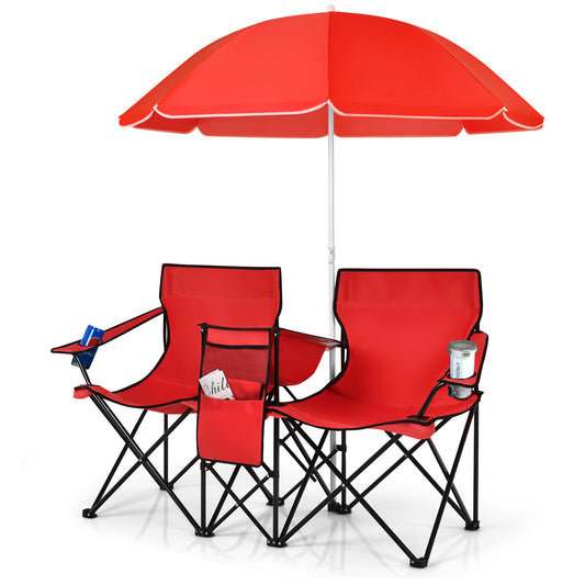Portable Double Camping Chair with Umbrella &amp; Ice Bag-Red