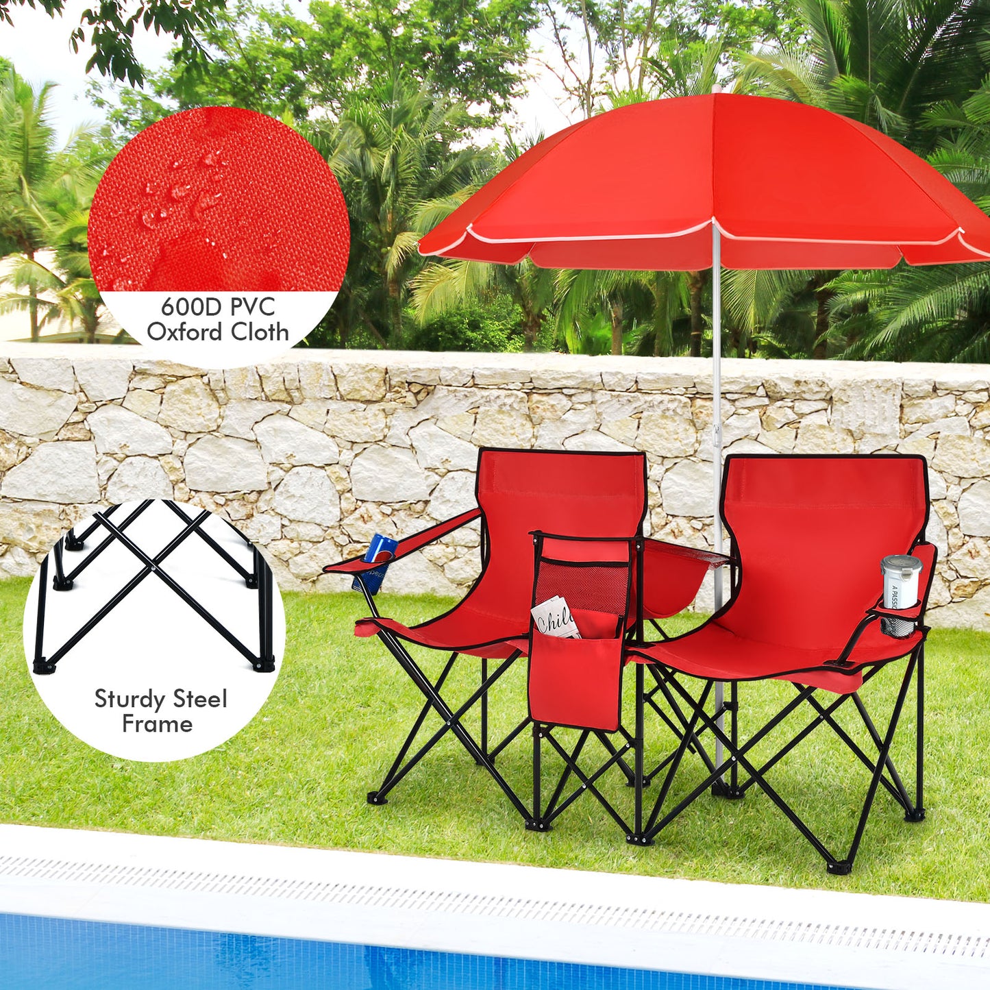 Portable Double Camping Chair with Umbrella &amp; Ice Bag-Red