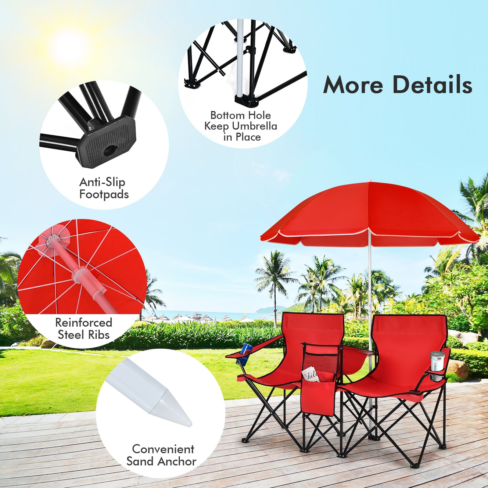 Portable Double Camping Chair with Umbrella &amp; Ice Bag-Red