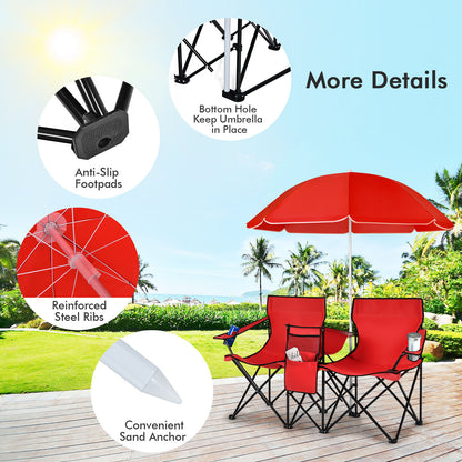 Portable Double Camping Chair with Umbrella &amp; Ice Bag-Red