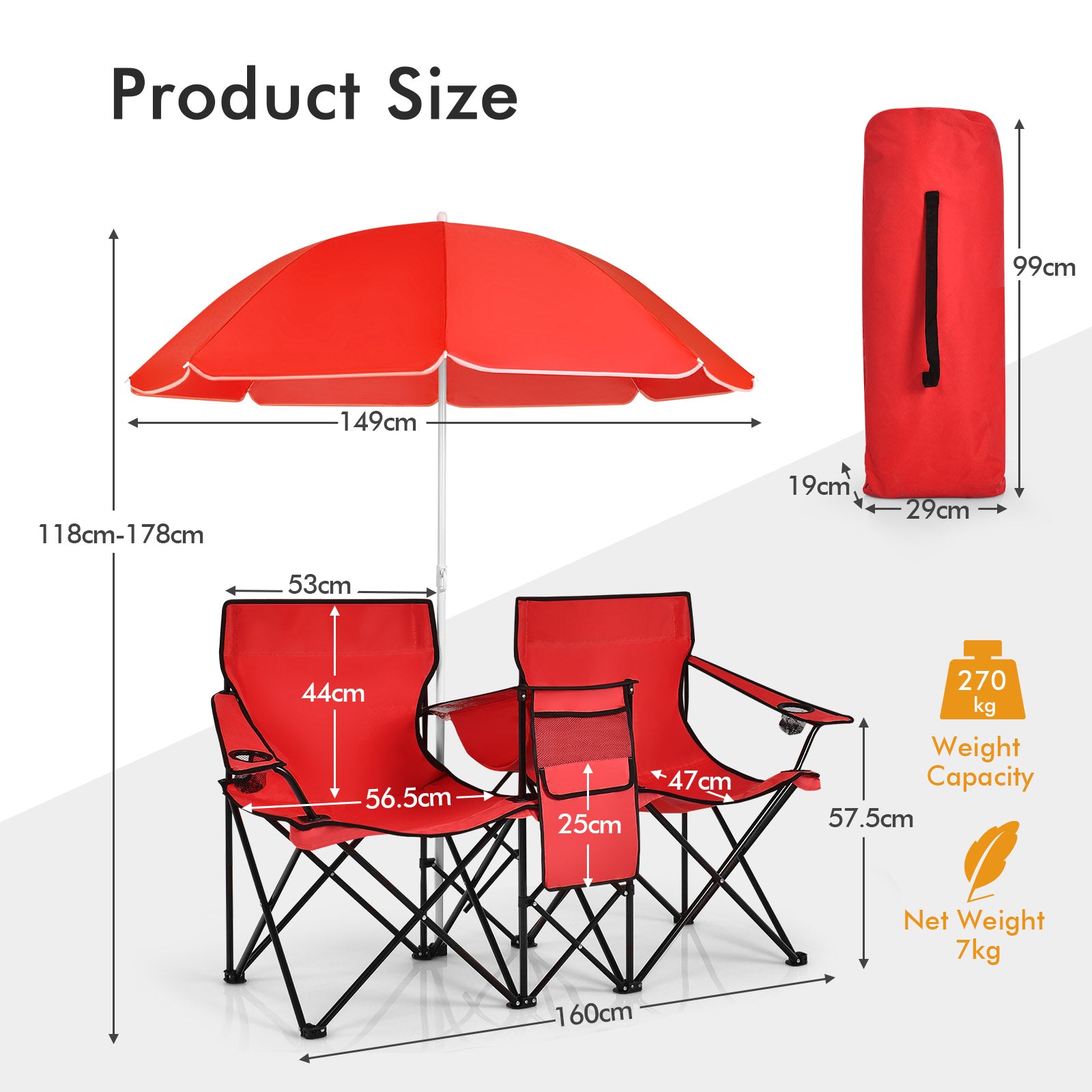 Portable Double Camping Chair with Umbrella &amp; Ice Bag-Red
