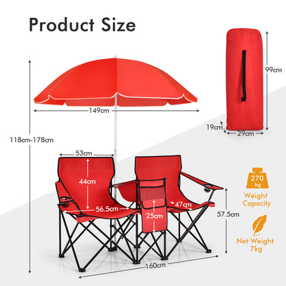 Portable Double Camping Chair with Umbrella &amp; Ice Bag-Red