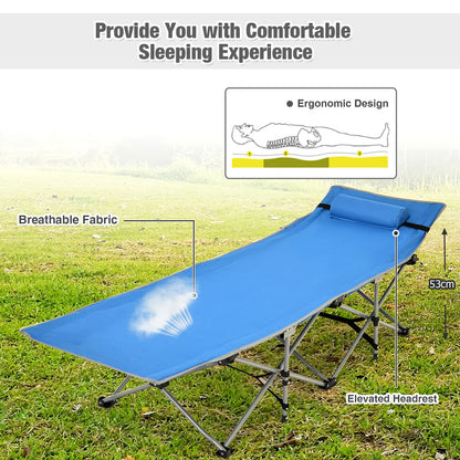 Folding Camping Cot with Detachable Headrest and Side Pocket-Blue