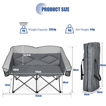 Double Folding Camping Chair with Padded Seat and Storage Pockets-Grey