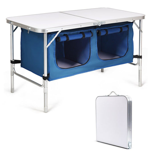 Folding Camping Table with Storage Cabinet and Adjustable Height-Blue