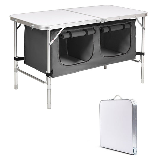 Folding Camping Table with Storage Cabinet and Adjustable Height-Grey