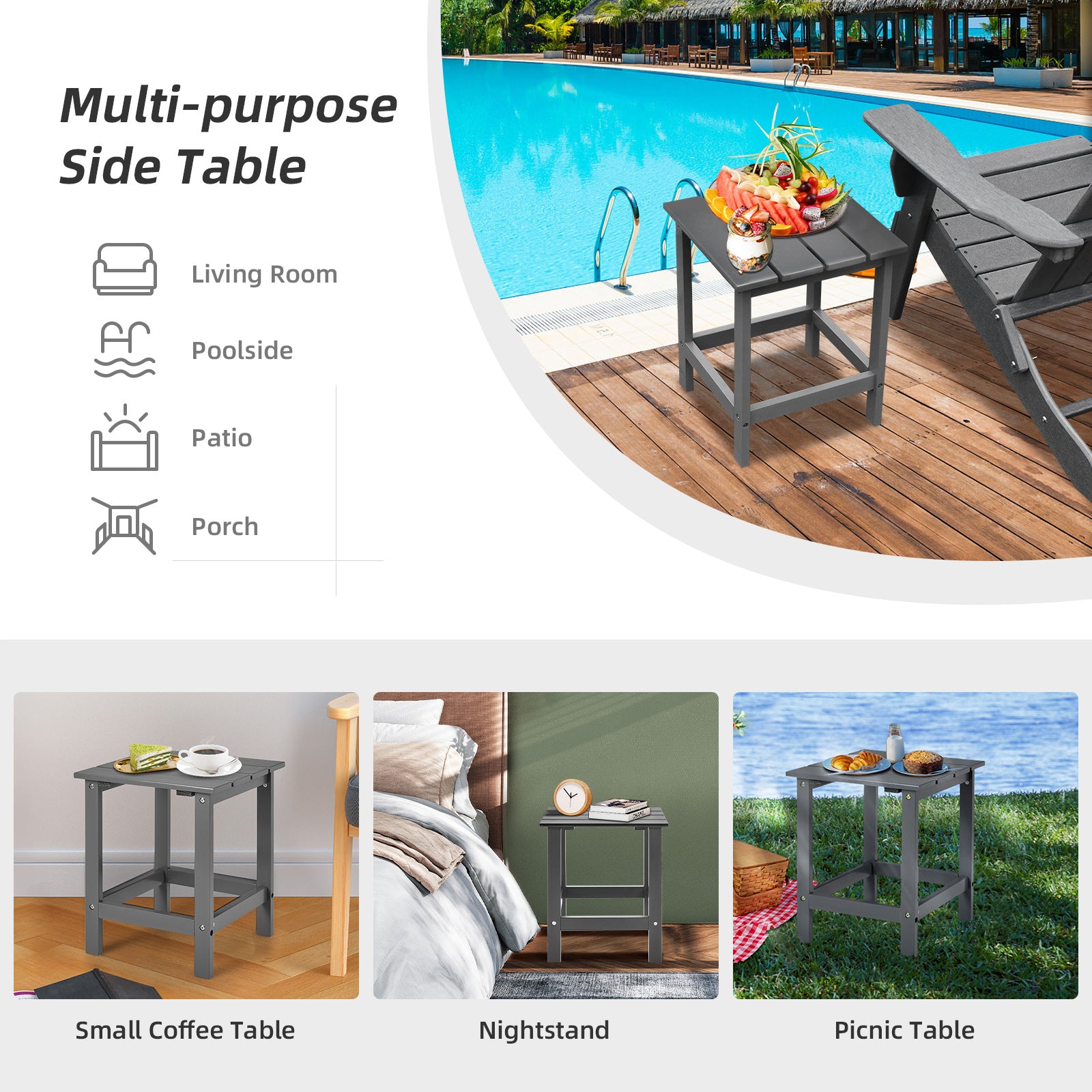 Square Wood Patio End Table with Slatted Design for Balcony Lawn-Grey