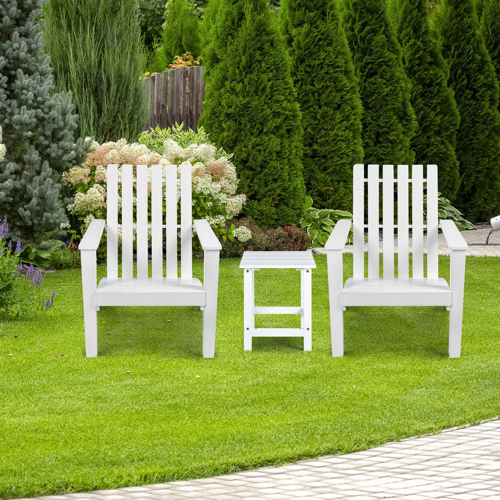 Square Wood Patio End Table with Slatted Design for Balcony Lawn-White