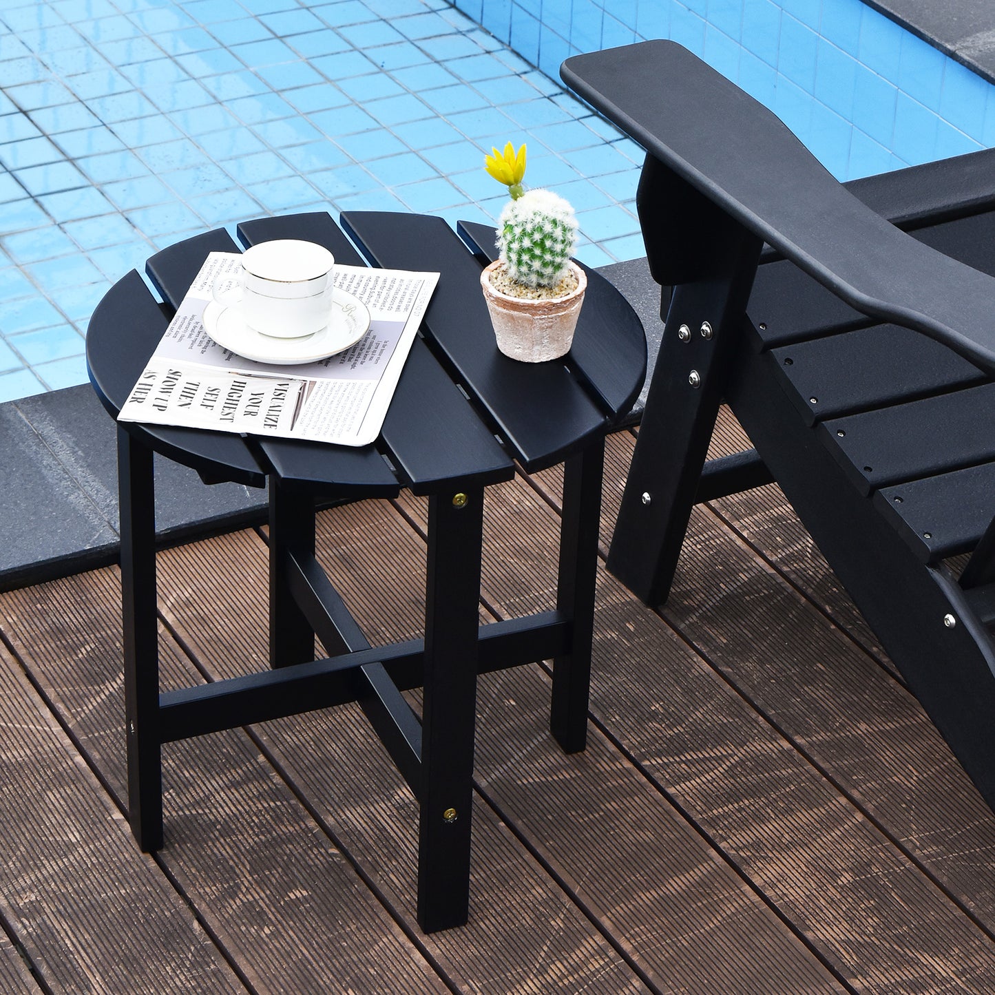 Round Wood Patio End Table with Slatted Design for Balcony Lawn-Black